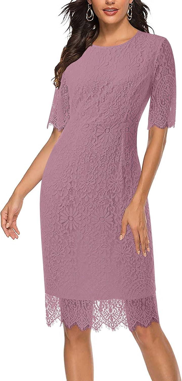 imageMEROKEETY Womens Short Sleeve Lace Floral Cocktail Dress Crew Neck Knee Length for PartyBlush