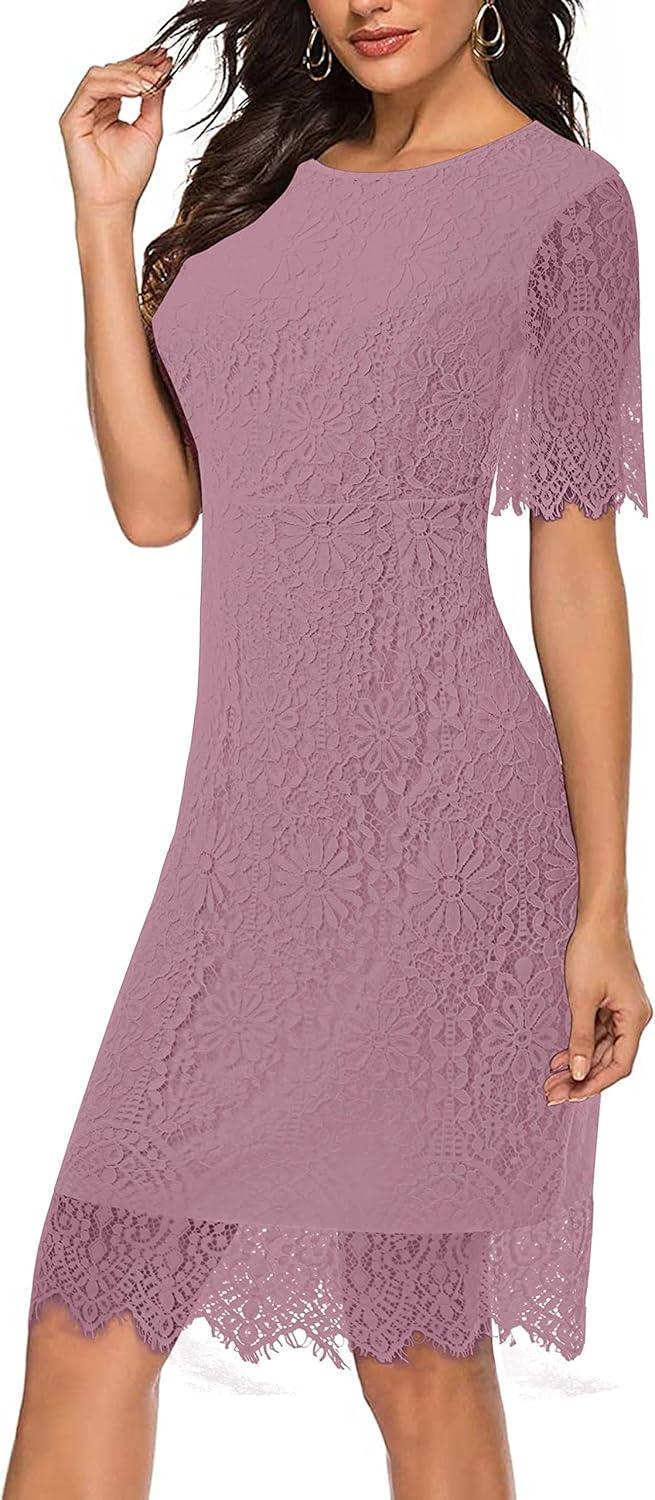 imageMEROKEETY Womens Short Sleeve Lace Floral Cocktail Dress Crew Neck Knee Length for PartyBlush