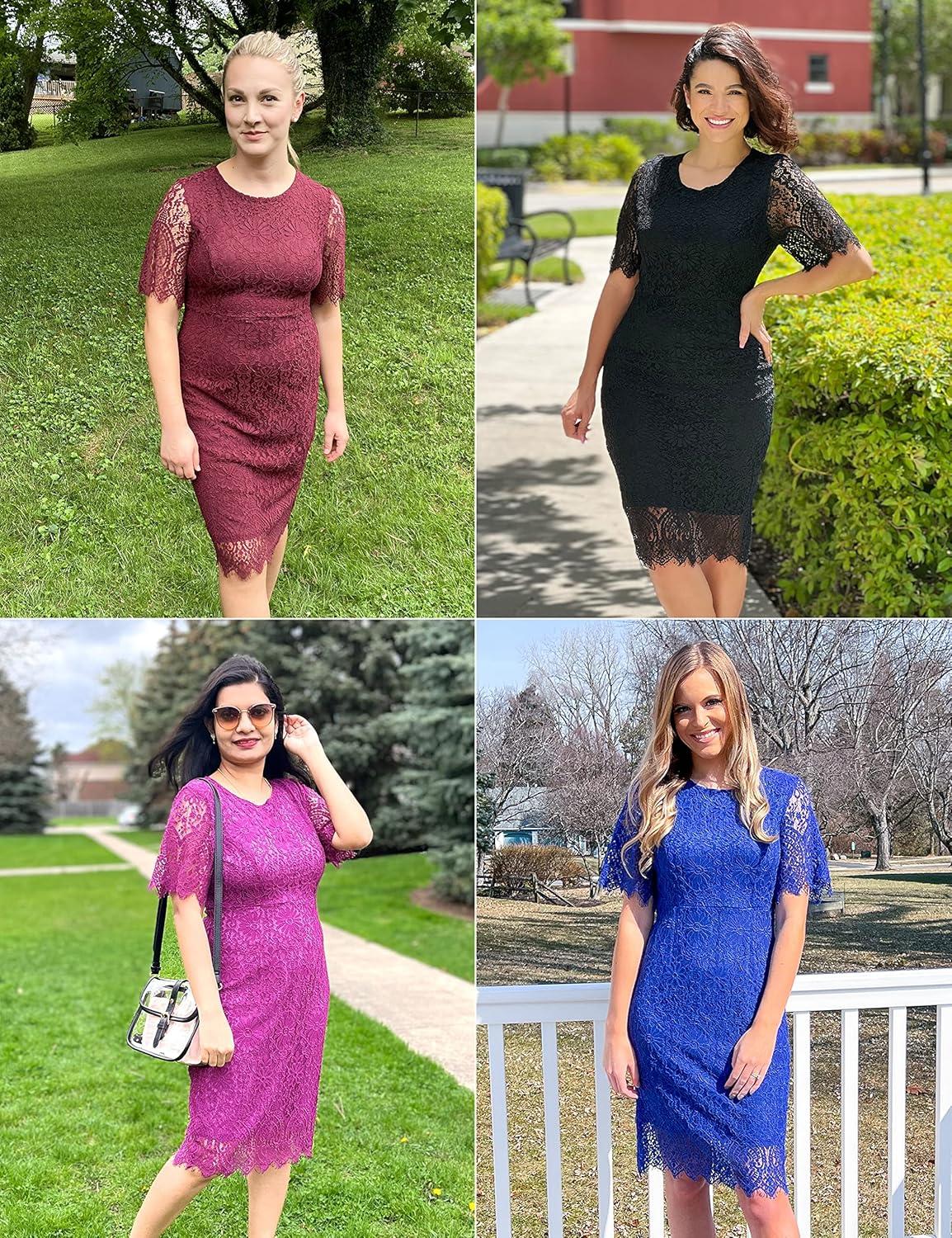 imageMEROKEETY Womens Short Sleeve Lace Floral Cocktail Dress Crew Neck Knee Length for PartyNavy