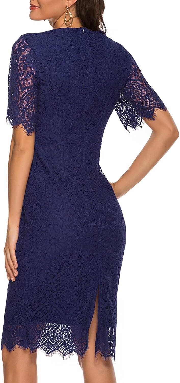 imageMEROKEETY Womens Short Sleeve Lace Floral Cocktail Dress Crew Neck Knee Length for PartyNavy