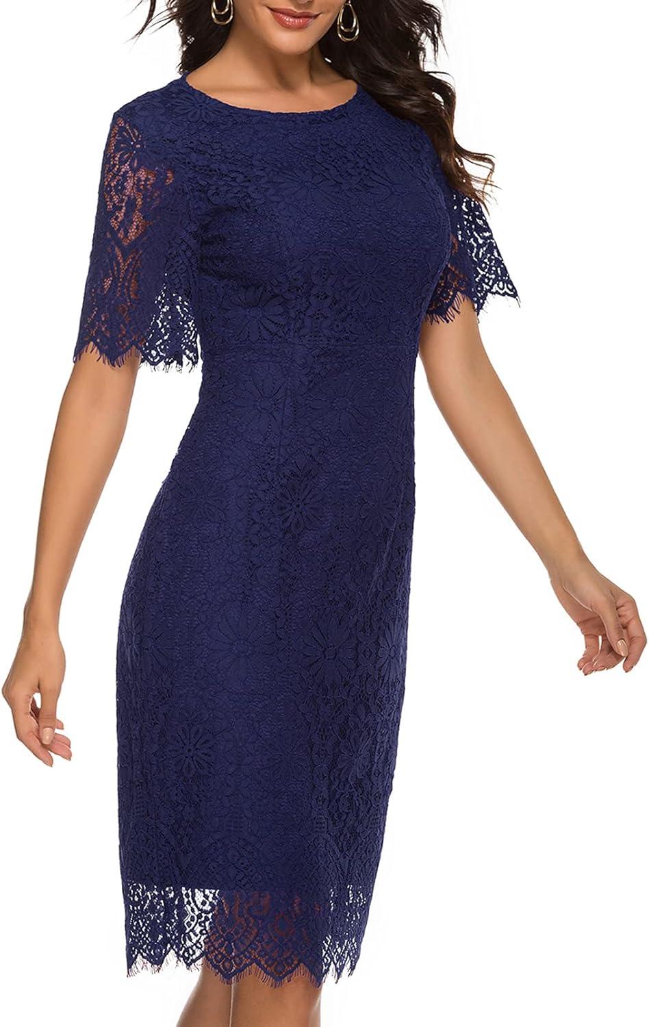 imageMEROKEETY Womens Short Sleeve Lace Floral Cocktail Dress Crew Neck Knee Length for PartyNavy