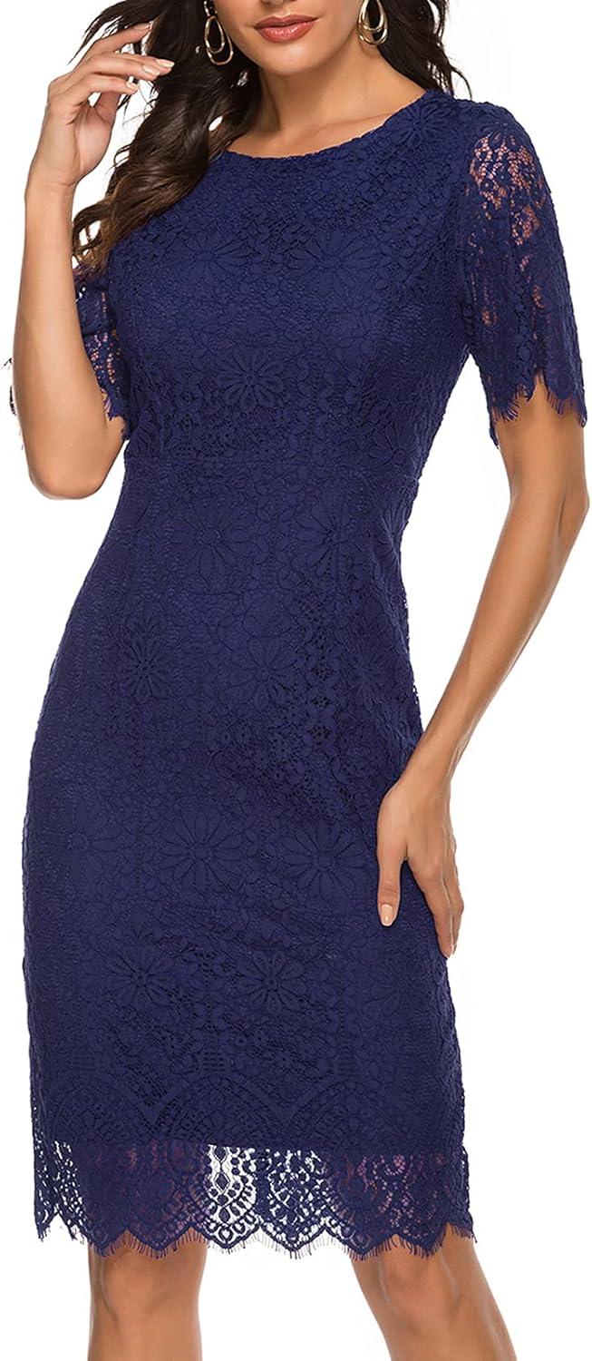 imageMEROKEETY Womens Short Sleeve Lace Floral Cocktail Dress Crew Neck Knee Length for PartyNavy