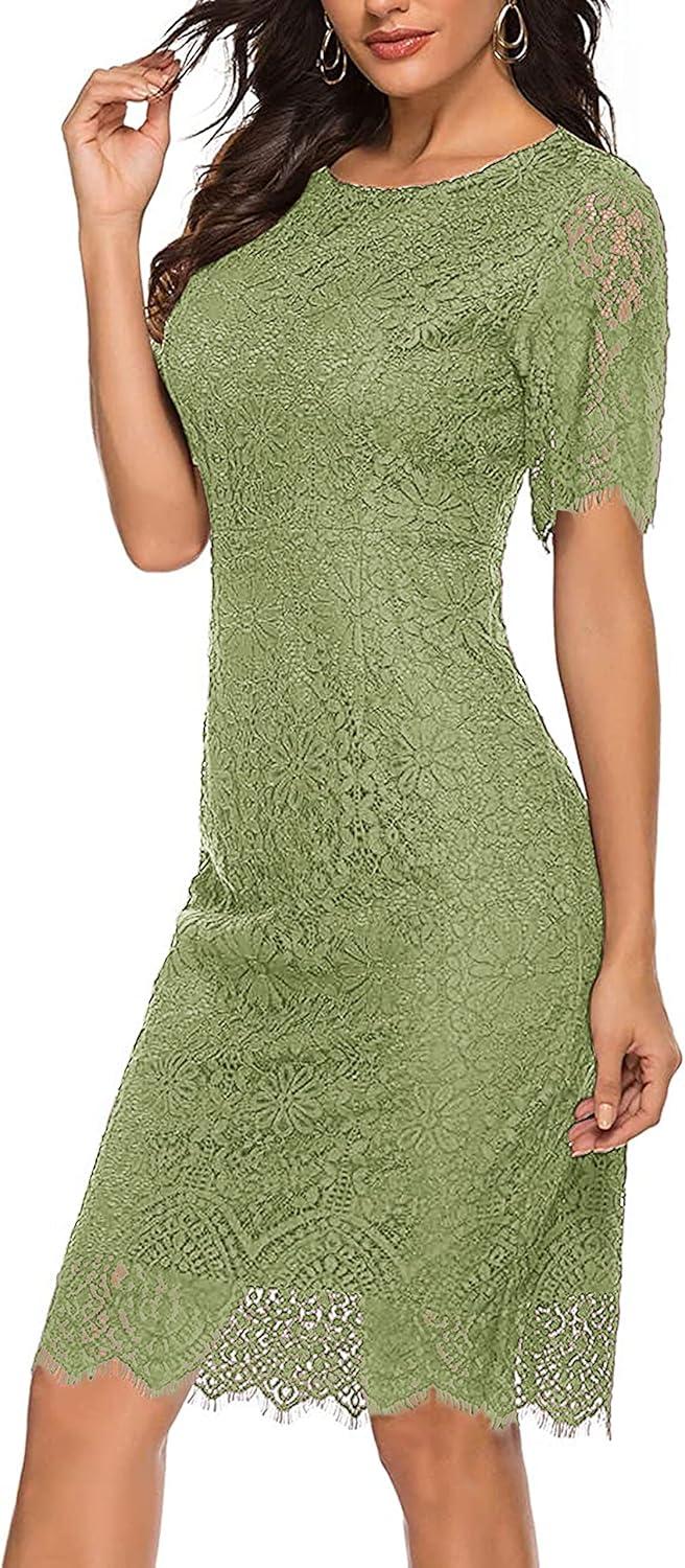 imageMEROKEETY Womens Short Sleeve Lace Floral Cocktail Dress Crew Neck Knee Length for PartyOlive