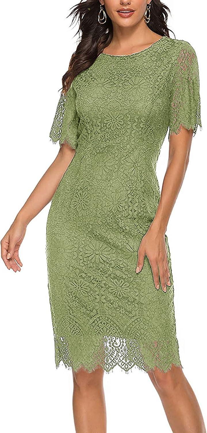 imageMEROKEETY Womens Short Sleeve Lace Floral Cocktail Dress Crew Neck Knee Length for PartyOlive