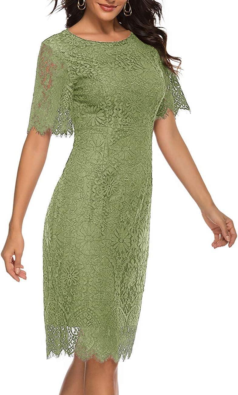 imageMEROKEETY Womens Short Sleeve Lace Floral Cocktail Dress Crew Neck Knee Length for PartyOlive