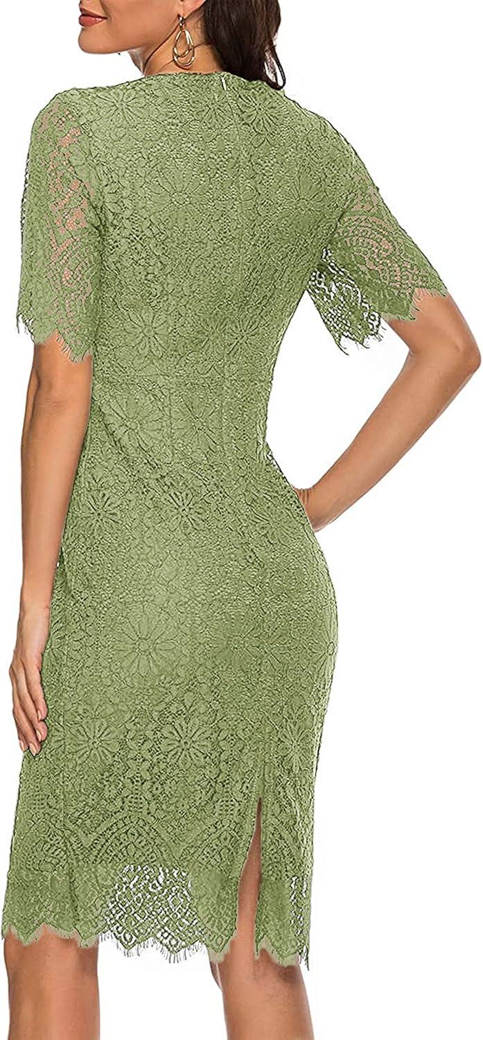 imageMEROKEETY Womens Short Sleeve Lace Floral Cocktail Dress Crew Neck Knee Length for PartyOlive