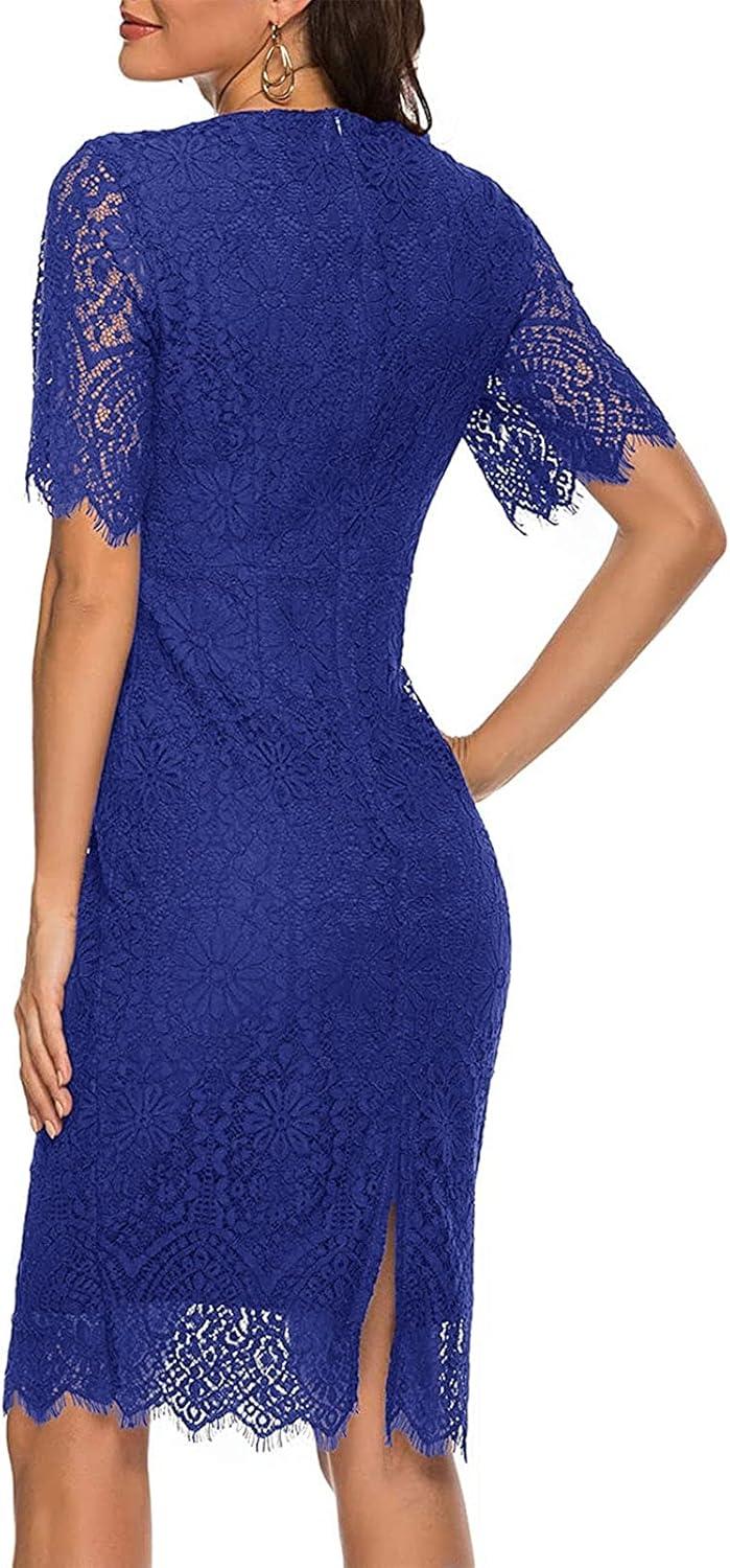 imageMEROKEETY Womens Short Sleeve Lace Floral Cocktail Dress Crew Neck Knee Length for PartyRoyal