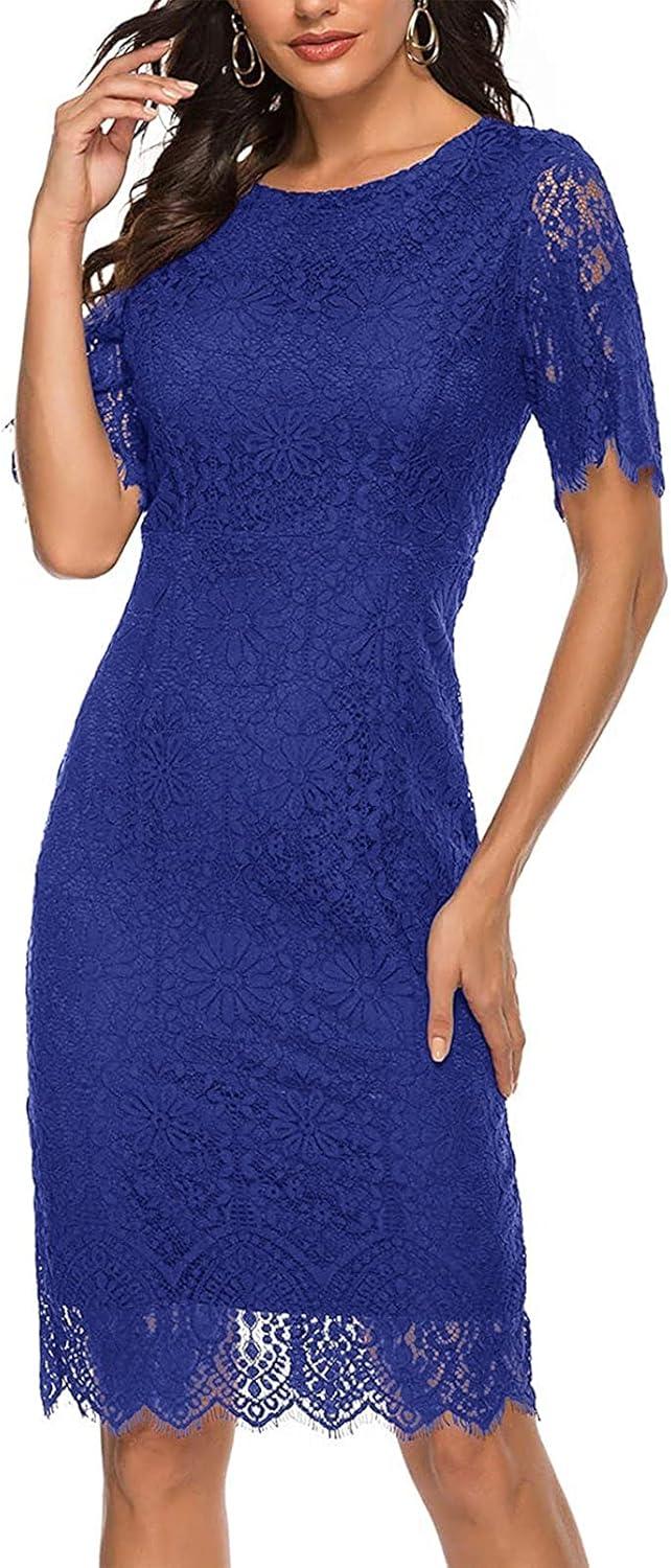 imageMEROKEETY Womens Short Sleeve Lace Floral Cocktail Dress Crew Neck Knee Length for PartyRoyal