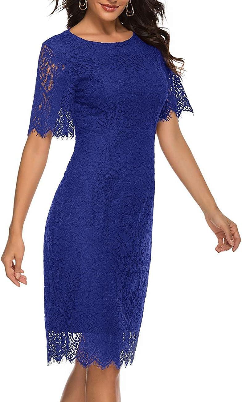imageMEROKEETY Womens Short Sleeve Lace Floral Cocktail Dress Crew Neck Knee Length for PartyRoyal