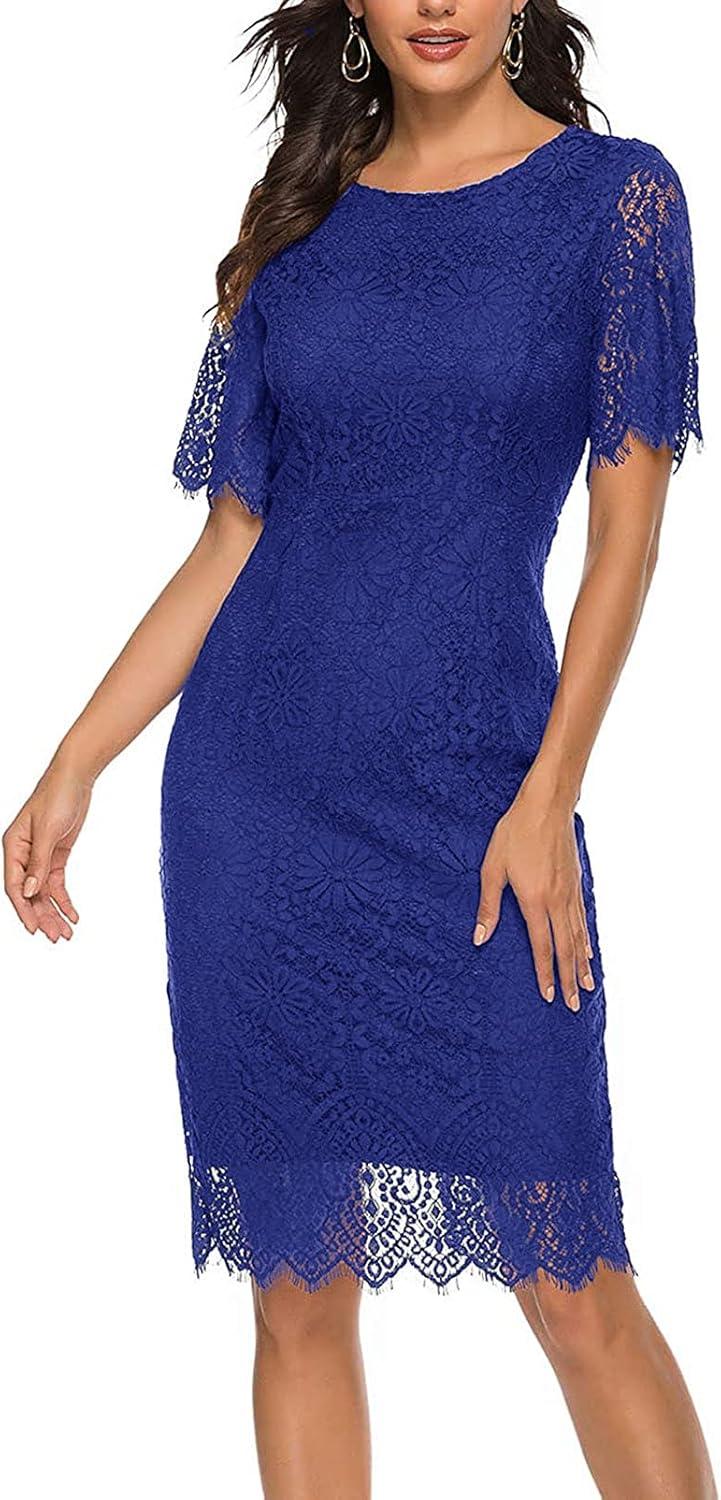 imageMEROKEETY Womens Short Sleeve Lace Floral Cocktail Dress Crew Neck Knee Length for PartyRoyal