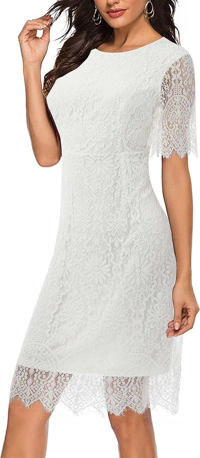 imageMEROKEETY Womens Short Sleeve Lace Floral Cocktail Dress Crew Neck Knee Length for PartyWhite