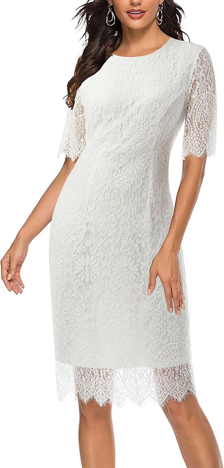 imageMEROKEETY Womens Short Sleeve Lace Floral Cocktail Dress Crew Neck Knee Length for PartyWhite