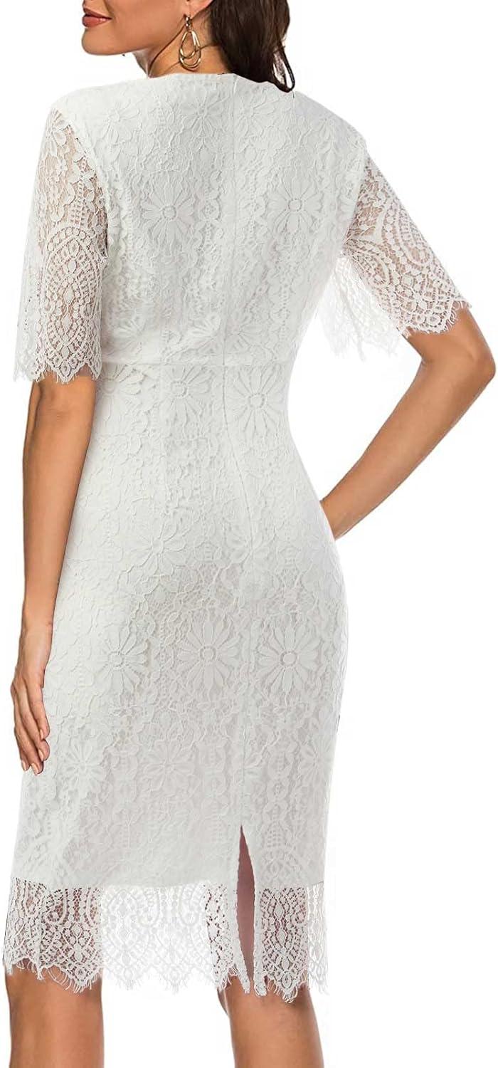 imageMEROKEETY Womens Short Sleeve Lace Floral Cocktail Dress Crew Neck Knee Length for PartyWhite