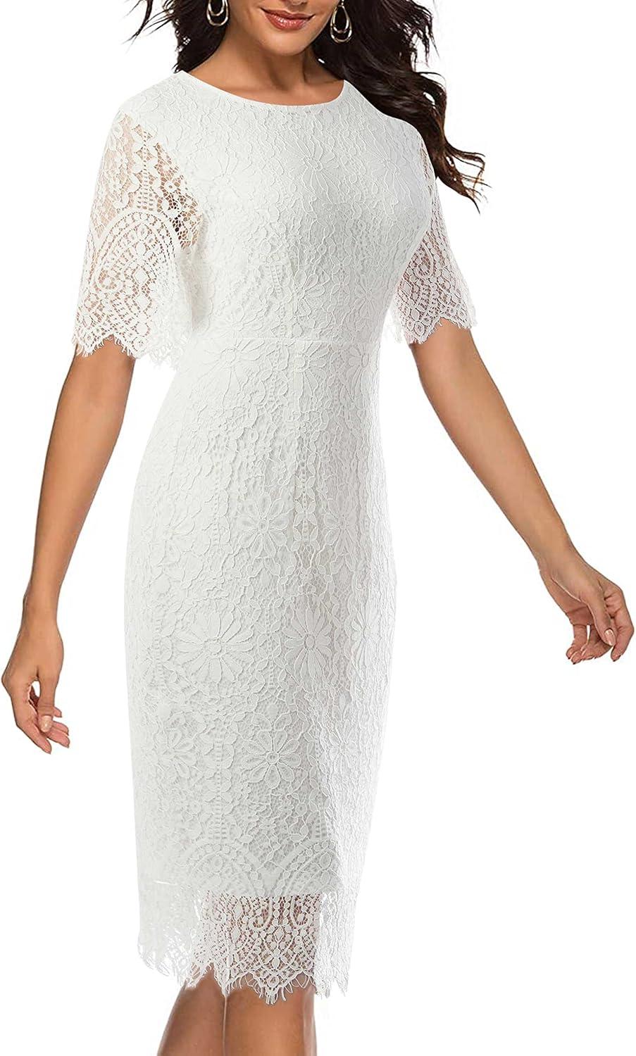 imageMEROKEETY Womens Short Sleeve Lace Floral Cocktail Dress Crew Neck Knee Length for PartyWhite