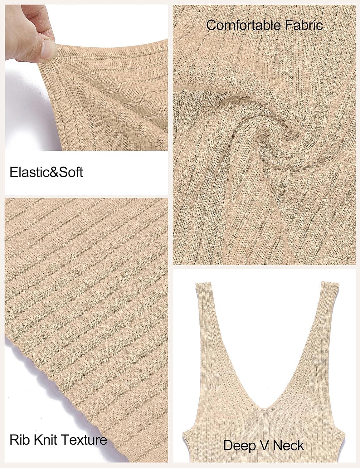 imageMEROKEETY Womens Summer Spring Midi Dress 2026 Beach Vacation Bodycon V Neck Casual Sleeveless Ribbed Knit Sweater DressesApricot