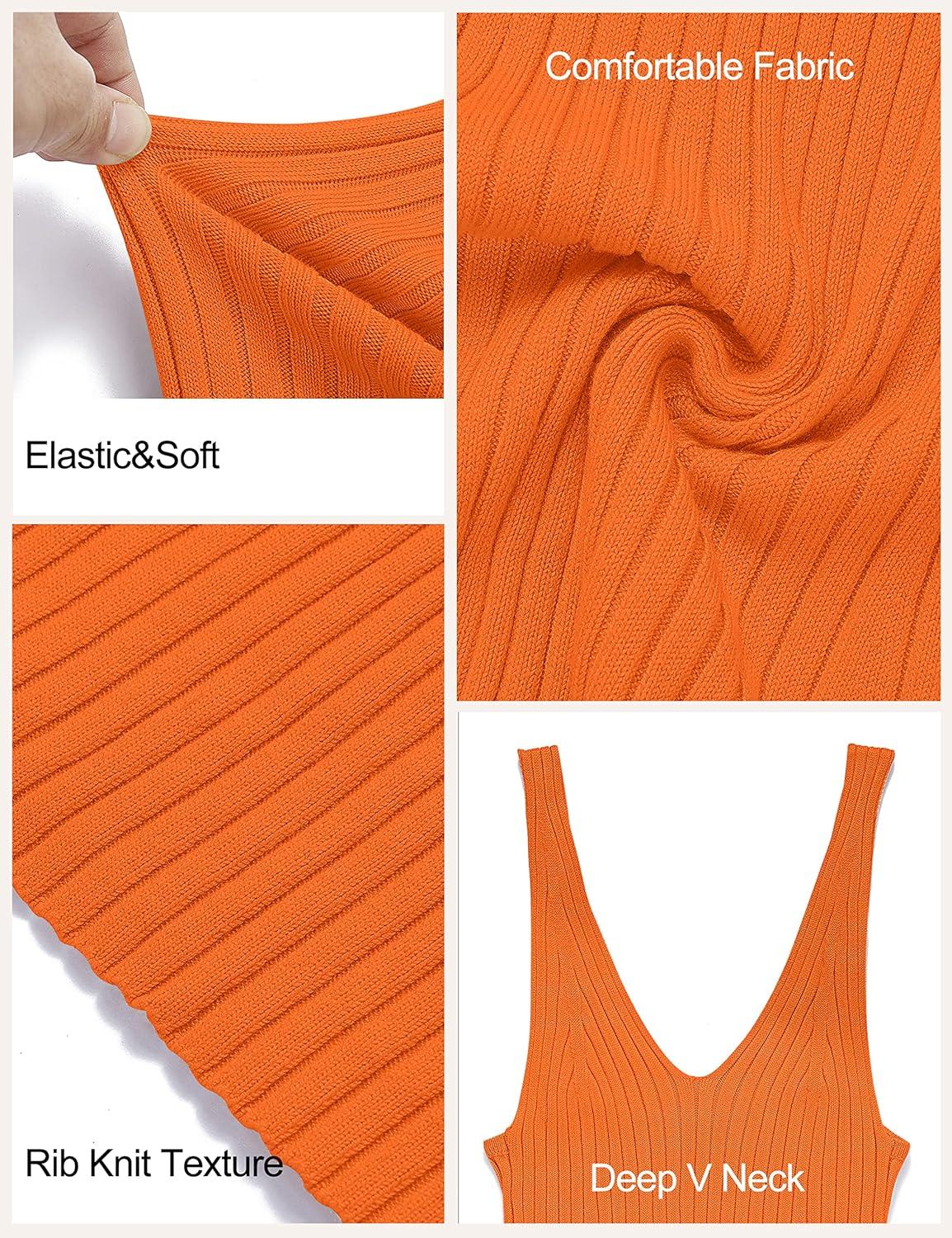 imageMEROKEETY Womens Summer Spring Midi Dress 2026 Beach Vacation Bodycon V Neck Casual Sleeveless Ribbed Knit Sweater DressesOrange