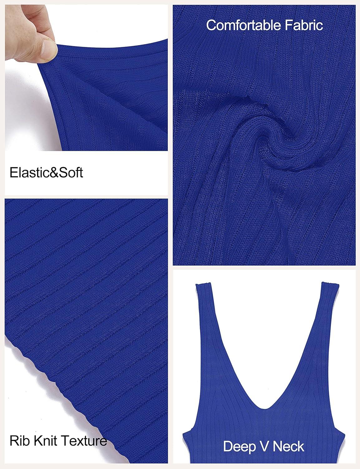 imageMEROKEETY Womens Summer Spring Midi Dress 2026 Beach Vacation Bodycon V Neck Casual Sleeveless Ribbed Knit Sweater DressesRoyal