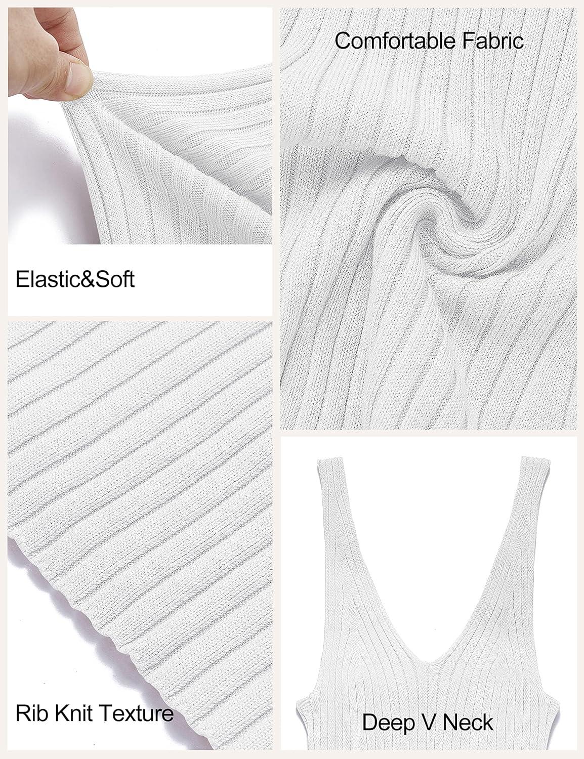 imageMEROKEETY Womens Summer Spring Midi Dress 2026 Beach Vacation Bodycon V Neck Casual Sleeveless Ribbed Knit Sweater DressesWhite