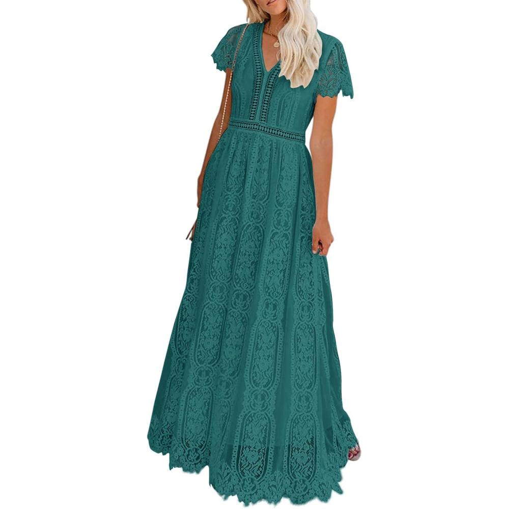 imageMEROKEETY Womens 2026 V Neck Short Sleeve Floral Lace Wedding Dress A Line Boho Bridesmaid Cocktail Party Maxi DressDark Cyan