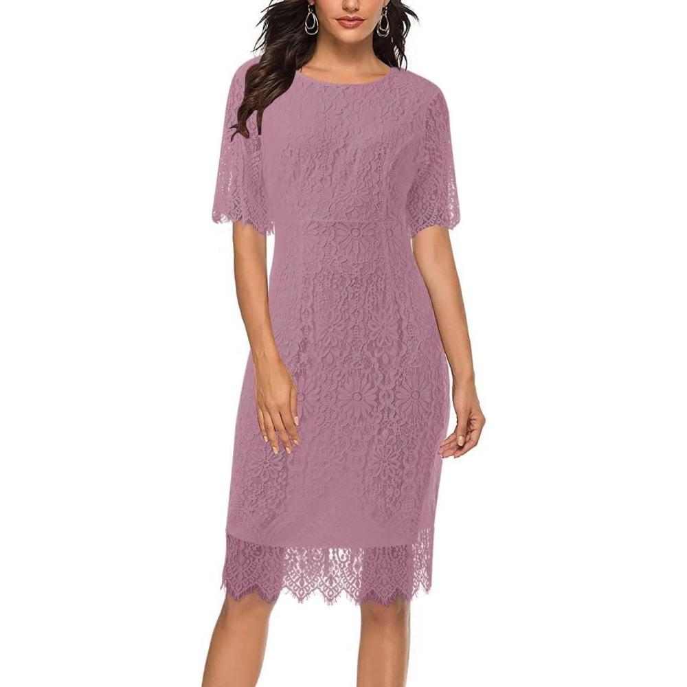 imageMEROKEETY Womens Short Sleeve Lace Floral Cocktail Dress Crew Neck Knee Length for PartyBlush