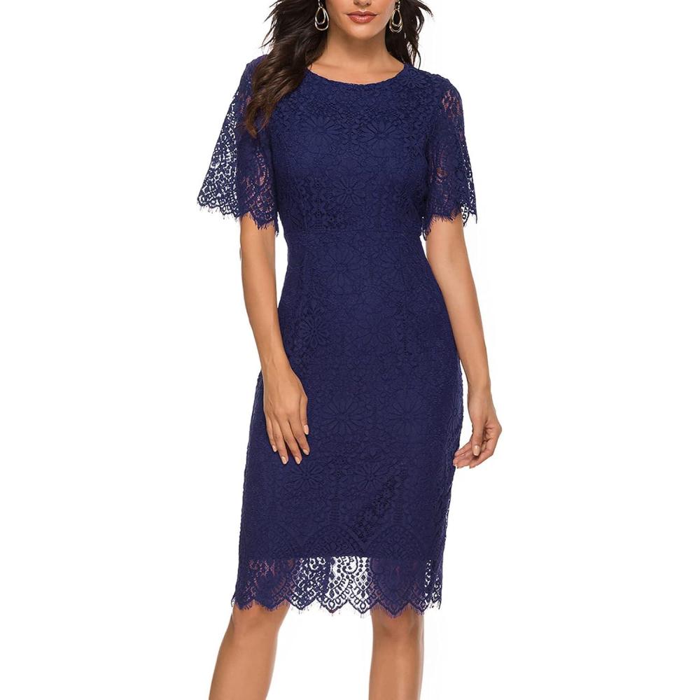 imageMEROKEETY Womens Short Sleeve Lace Floral Cocktail Dress Crew Neck Knee Length for PartyNavy