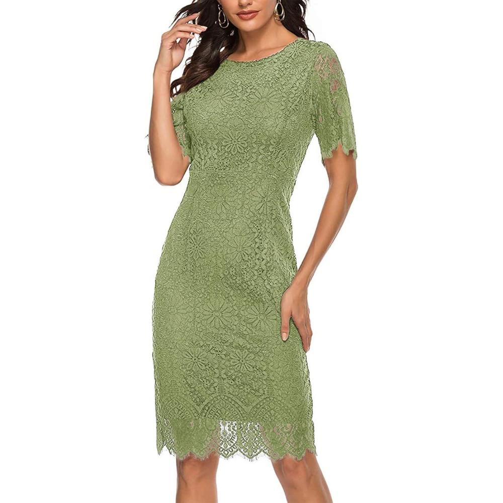 imageMEROKEETY Womens Short Sleeve Lace Floral Cocktail Dress Crew Neck Knee Length for PartyOlive