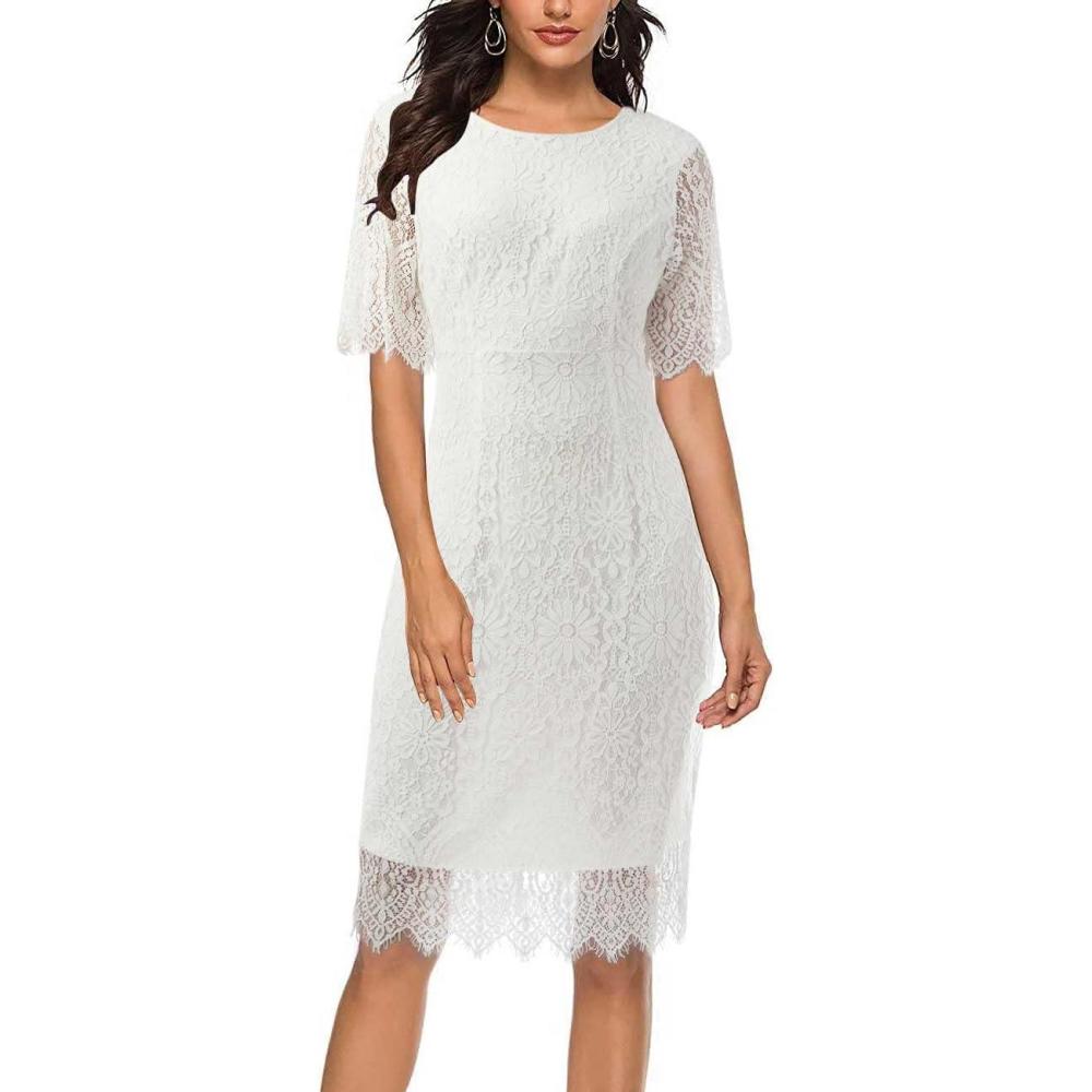 imageMEROKEETY Womens Short Sleeve Lace Floral Cocktail Dress Crew Neck Knee Length for PartyWhite