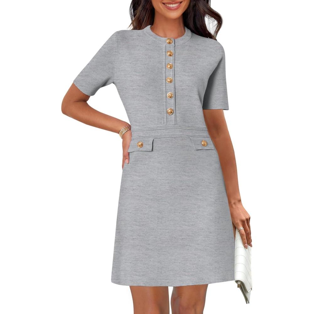 imageMEROKEETY Womens Summer Bodycon Sweater Dress Business Casual Outfis Short Sleeve Knit Button Formal Elegant Work DressLightgrey