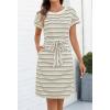 MEROKEETY Women’s 2026 Summer Casual T Shirt Dress Short Sleeve Striped Tie Waist Work Vacation Trendy Short Dresses(Grey)