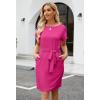MEROKEETY Women’s 2026 Summer Casual T Shirt Dress Short Sleeve Striped Tie Waist Work Vacation Trendy Short Dresses(Solid Rose)
