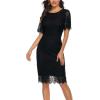MEROKEETY Women’s Short Sleeve Lace Floral Cocktail Dress Crew Neck Knee Length for Party(Black)