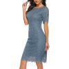 MEROKEETY Women’s Short Sleeve Lace Floral Cocktail Dress Crew Neck Knee Length for Party(Gray Blue)