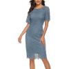 MEROKEETY Women’s Short Sleeve Lace Floral Cocktail Dress Crew Neck Knee Length for Party(Gray Blue)