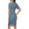 MEROKEETY Women’s Short Sleeve Lace Floral Cocktail Dress Crew Neck Knee Length for Party(Gray Blue)