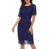 MEROKEETY Women’s Short Sleeve Lace Floral Cocktail Dress Crew Neck Knee Length for Party(Navy)