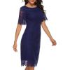 MEROKEETY Women’s Short Sleeve Lace Floral Cocktail Dress Crew Neck Knee Length for Party(Navy)
