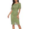 MEROKEETY Women’s Short Sleeve Lace Floral Cocktail Dress Crew Neck Knee Length for Party(Olive)
