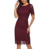 MEROKEETY Women’s Short Sleeve Lace Floral Cocktail Dress Crew Neck Knee Length for Party(Wine)