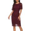 MEROKEETY Women’s Short Sleeve Lace Floral Cocktail Dress Crew Neck Knee Length for Party(Wine)