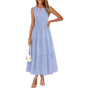 MEROKEETY Spring Summer Midi Dresses for Women 2026 Casual Beach Vacation Sleeveless Boho V Neck Cotton Maxi Dress Pockets(Blue)