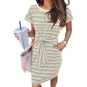 MEROKEETY Women’s 2026 Summer Casual T Shirt Dress Short Sleeve Striped Tie Waist Work Vacation Trendy Short Dresses(Grey)