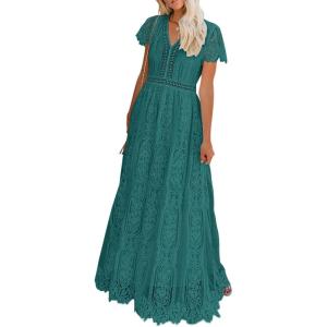 MEROKEETY Women’s 2026 V Neck Short Sleeve Floral Lace Wedding Dress A Line Boho Bridesmaid Cocktail Party Maxi Dress(Dark Cyan)