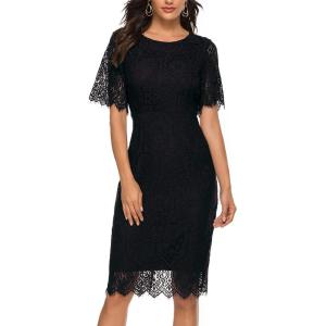 MEROKEETY Women’s Short Sleeve Lace Floral Cocktail Dress Crew Neck Knee Length for Party(Black)
