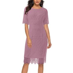 MEROKEETY Women’s Short Sleeve Lace Floral Cocktail Dress Crew Neck Knee Length for Party(Blush)