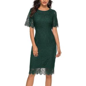 MEROKEETY Women’s Short Sleeve Lace Floral Cocktail Dress Crew Neck Knee Length for Party(Green)