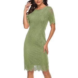 MEROKEETY Women’s Short Sleeve Lace Floral Cocktail Dress Crew Neck Knee Length for Party(Olive)