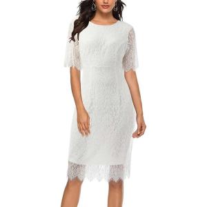 MEROKEETY Women’s Short Sleeve Lace Floral Cocktail Dress Crew Neck Knee Length for Party(White)