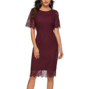 MEROKEETY Women’s Short Sleeve Lace Floral Cocktail Dress Crew Neck Knee Length for Party(Wine)