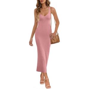 MEROKEETY Womens Summer Spring Midi Dress 2026 Beach Vacation Bodycon V Neck Casual Sleeveless Ribbed Knit Sweater Dresses(Pink)