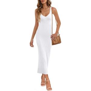 MEROKEETY Womens Summer Spring Midi Dress 2026 Beach Vacation Bodycon V Neck Casual Sleeveless Ribbed Knit Sweater Dresses(White)